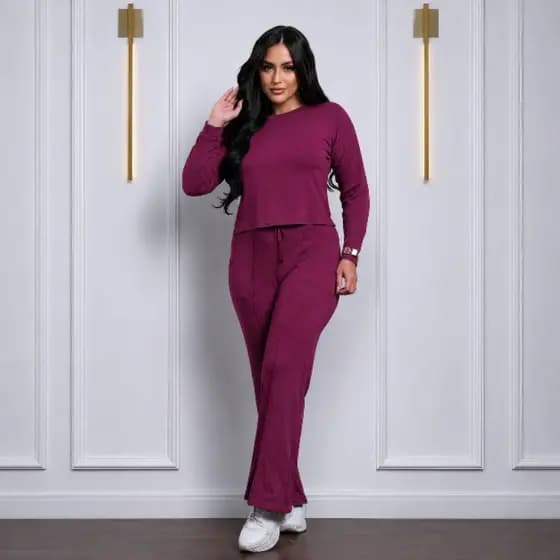 Conjunto Feminino Moletinho Premium Calça Pantalona e Blusa Manga Longa