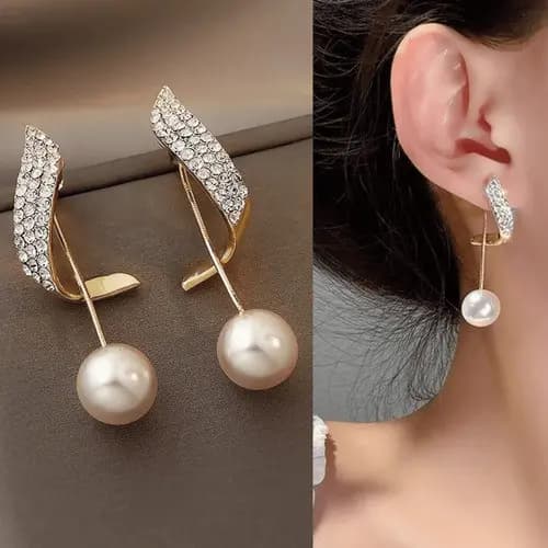 Brinco Longo De Festa Perola Strass Luxo Elegante Noiva Madrinha Cor Dourado