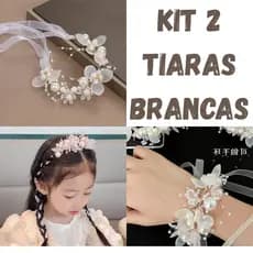 Kit Tiaras Brancas Infantil Luxo com Pérolas e Flores – Acessório para Princesa, Festa e Casamento