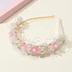 Tiara de Pérolas Rosa Feita à Mão – Arquinho de Cabelo e Flores Feminino de Luxo