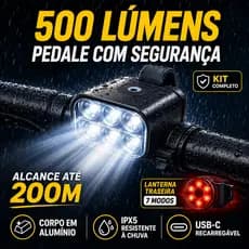 Kit Luz Bicicleta USB-C 500 Lúmens Recarregável | Farol Bike Dianteiro + Lanterna Traseira 7 Modos MTB