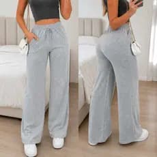 Calça Pantalona de Lazinha  Cintura Alta com Bolso Feminina