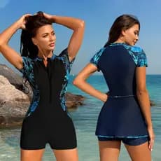 Maiô Feminino Manga Curta com Zíper Maio Feminino Praia Estampa Contrastante para Surf e Natação