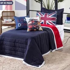 Kit 05 Peças Cobre Leito Solteiro Colcha Dupla Face London Micropercal com Almofadas Jra