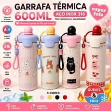 Garrafa Térmica 600ml Aço Inox 316 com Canudo, Tampa Antivazamento, Alça, BPA Free, Kawaii