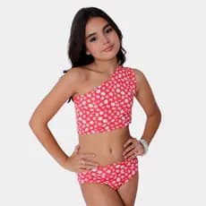 Conjunto Biquini Infantil Juvenil Alça Ombro Único Praia/Piscina Cropped Estampada Uv