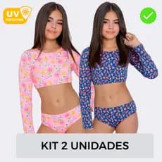 KIT 2 Conjuntos Biquini Juvenil Infantil Natação Praia Piscina Uv Cropped Manga Longa Forrado