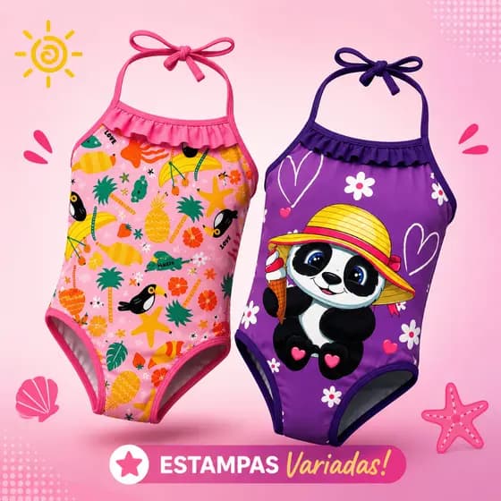 KIT 2 Maiôs Infantil Feminino Natação Praia Piscina Menina Forrado 2 4 6 8 anos