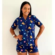 Pijama Feminino Estilo Americano Estampado Com Abotoamento Frontal