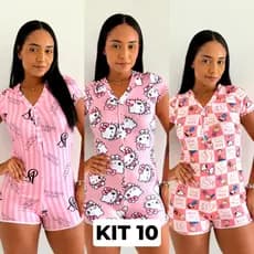 Kit 10 Pijama Macaquinho Manga Curta de Botão Sortido Feminino Temático Personagens