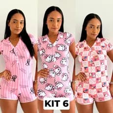 Kit 6 Pijama Macaquinho Manga Curta de Botão Feminino Sortido Personagens Temático
