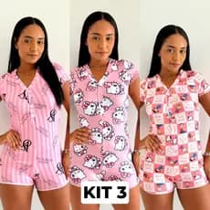 Kit 3 Pijama Macaquinho Manga Curta de Botão Sortido Feminino Personagens Temático