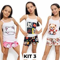 Kit 3 Babydoll Regata Infantil de Alcinha Com Shortinho Para Menina Personagens Temático Sortidas