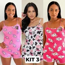 Kit 3 Pijama Macaquinho de Alcinha Sortido Personagens Roupa de Dormir Feminino