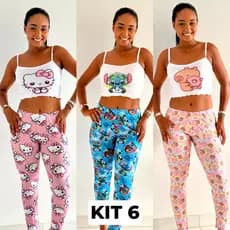 Kit 6 Conjunto Temático Pijama Feminino Sortido Cropped de Alcinha e Calça Longa Estampada