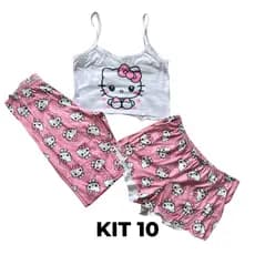 Kit 10 Conjunto Ímpar Cropped de Alcinha + Calça Longa + Short | Pijama Feminino Personagens