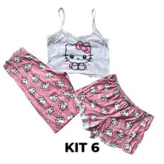 Kit 6 Conjunto Ímpar Cropped de Alcinha + Calça Longa + Short | Pijama Feminino Personagens