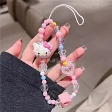 Alça de celular rosa com contas de desenho animado de gato KT, alça anti-perda com contas em formato de bloco de queijo