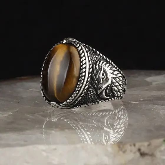 3 Cor Pedras Gemas Turquesa Olho De Tigre Preto Ágata Vintage Eagle Animal Prata Titânio Aço Homens Moda Jóias Anéis