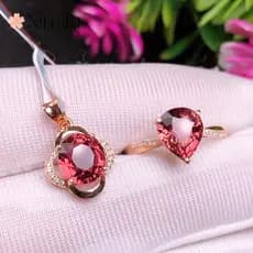 ♥ Original novo produto moda requintado temperamento anel feminino rosa ouro colar pingente Natural rubi conjunto de jói