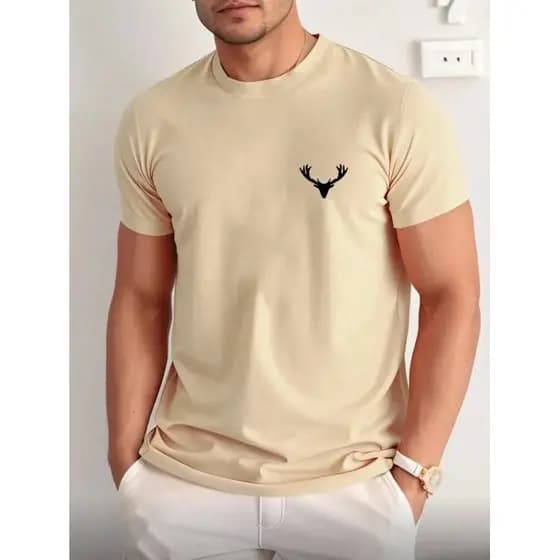 Camiseta Masculina Alce Estampada no Peito Moda Casual Camisa Algodão Gola Redonda em Malha Premium