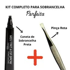 Kit Caneta de Sobrancelha Preta Efeito Fio a Fio e Pinça Reta Sobrancelha Perfeita Lançamento