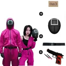 Fantasia Round 6 Completa Máscara Macacão Cinto Cosplay Pistola Arma Adulto Infantil Entrega Rápida