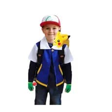 Kit Fantasia Completa Ash Pokemon Treinador Cosplay Pikachu Infantil Criança Festa Colete + Boné + Luva