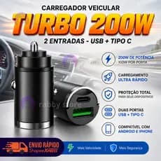 Mini Carregador Veicular Turbo 200W Carro 2 Entradas USB + Tipo C 3.0 Ultra Rápido para Celular iPhone Xiaomi Samsung