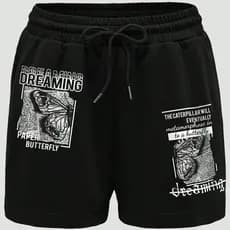 Ilustração de Borboleta & Slogan Cintura Com Cordão Shorts feminino lançamento 2025
