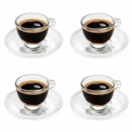 Conjunto Jogo 4 Xícaras 80ml de Cristal Café Chá Com Pires Wolff Cantinho do Café Pearl Bolinhas
