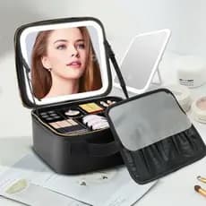 Kit Maleta Maquiagem completo Profissional Com Espelho Luz Led Perfeito Para Armazenamento de Maquiagens