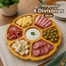 Petisqueira Redonda 26cm 6 Divisórias Tabua Porta Petiscos Gamela Molhos Frios Aperitivos Festa Café da Manhã Multiuso