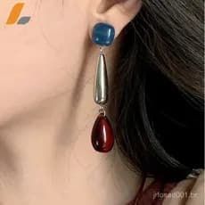 Brincos Longos em Bloco de Cor Azul e Vermelho, Brincos Elegantes em Forma de Gota d'Água, Acessórios de Orelha Clareado