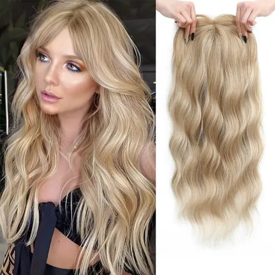 Toppers De Cabelo 60cm 7 " X7 " Cabelos Ondulados Para Mulheres Com Perucas Desbastado Peças-Louro Champanhe