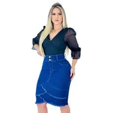 Saia Jeans Evangélica Midi Feminina Secretária Barra Desfiada  com Babado Cintura Alta Longa com Lycra Lavagem Escur