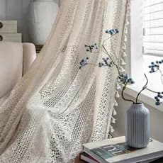 Boho Borla Cortinas De Crochê Para Sala De Estar , Vintage De Bolso Com Haste Geométrica Listrada De Malha Filtragem De