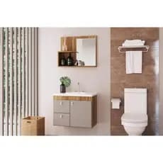 Kit Gabinete Banheiro 56cm c/ Gaveta + Espelho + Cuba Pia Suspenso Moderno
