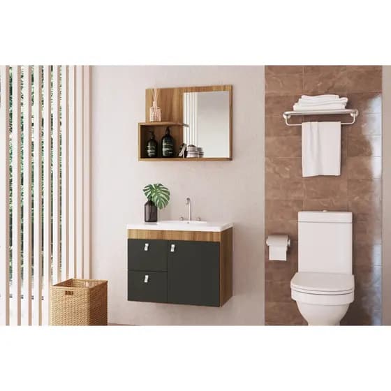 Kit Gabinete Banheiro 56cm c/ Gaveta + Espelho + Cuba Pia Suspenso Moderno