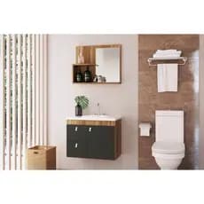 Kit Gabinete Banheiro 56cm c/ Gaveta + Espelho + Cuba Pia Suspenso Moderno