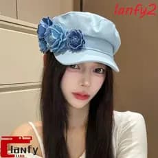 Chapéu De Topo Plano De Flor LANFY , Boina Jeans Camélia Estilo Coreano Ajustável , Bonés De Pintor Requintados E Doces