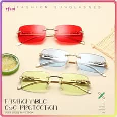 Óculos de Sol Masculinos UV400 Retangulares Femininos Sem Aro Vintage Decoração de Chita Lente Transparente Oceano PHGU