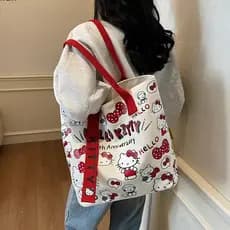 Bolsa de ombro de lona fofa da Hello Kitty, grande capacidade, viagem, portátil, estudante, mãe, presente de armazenamen