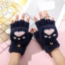 TKEY Luvas Femininas Fofas De Pata De Gato De Pelúcia Quentes Flip Top Sem Dedos Meio Dedo Grossas Macias Forradas Pelud