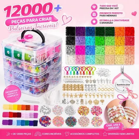 Kit Miçangas Completo 12000 Peças  Pulseiras Colares Infantil Letras Pingentes Caixa Organizadora DIY