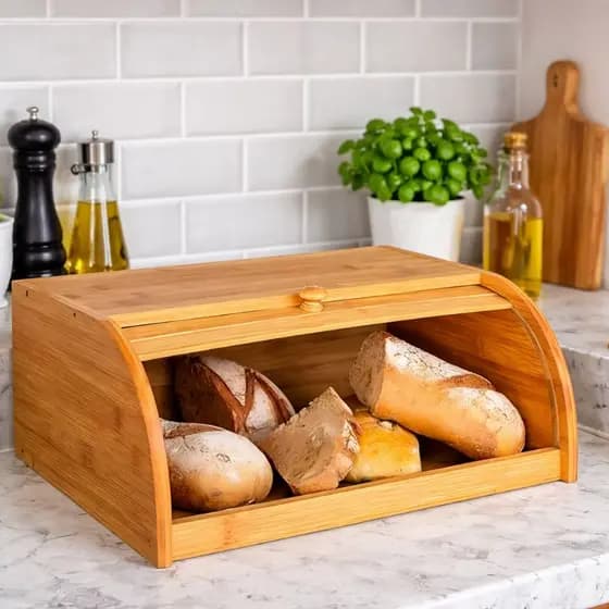 Porta Pão Bambu Cozinha Com Tampa Deslizante Armazena Pães Bolachas