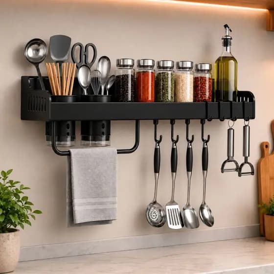 Porta Temperos Suspenso Preto Fosco 60cm Organizador de Temperos e Utensílios para Cozinha Moderna