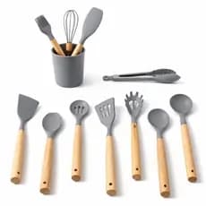 Jogo de Utensílios de Cozinha Silicone 12 Peças Espátulas Colheres Escumadeiras com Porta Utensílios
