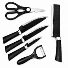 Kit Faqueiro 6 Peças Preto Facas Cozinha + Tesoura e Descascador Premium Chef