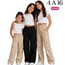 Calça Feminina Juvenil Cargo Wide Leg Bolsos Laterais Moderna e Estilosa calça juvenil 100% Algodão